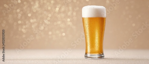 A refreshing glass of golden beer with frothy head, illuminated against a soft, shimmering background. Perfect for capturing moments of celebration, relaxation, and enjoyment.