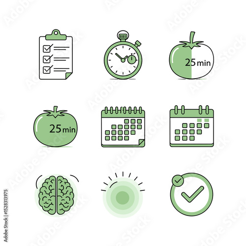 Pomodoro Icons: A set of charmingly illustrated icons embodies the Pomodoro Technique, a time management method, featuring a checklist, a timer, a tomato, a calendar and the human mind.