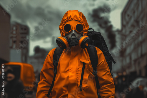 A masked man, gas mask, wearing an orange radioactive, protective suit, with a briefcase behind his back, stands on a street with an apocalyptic atmosphere