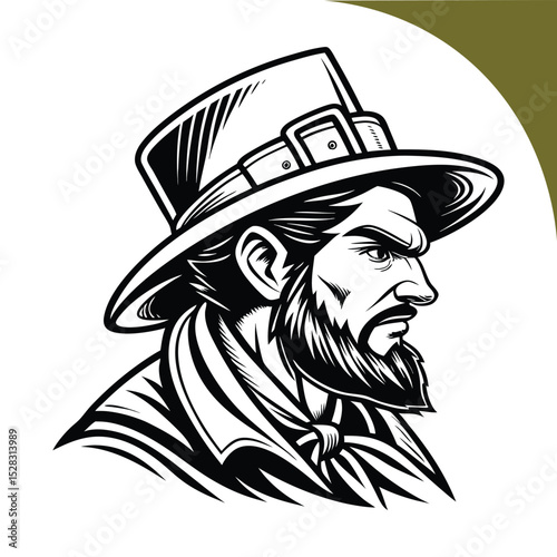 Stylized Black and White Illustration of a Leprechaun with Traditional Irish Elements and a Whimsical Design