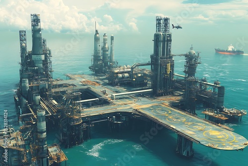 Ocean-based industrial oil facility with wide helipad and ventilation towers, distant ship support  photo