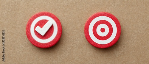 Close-up of red checkmark and target icons on a brown background, representing success and goals in a corporate environment, ideal for motivational themes.