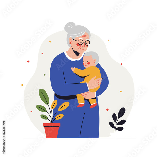 Senior woman holding baby in cozy setting with plants and warmth  