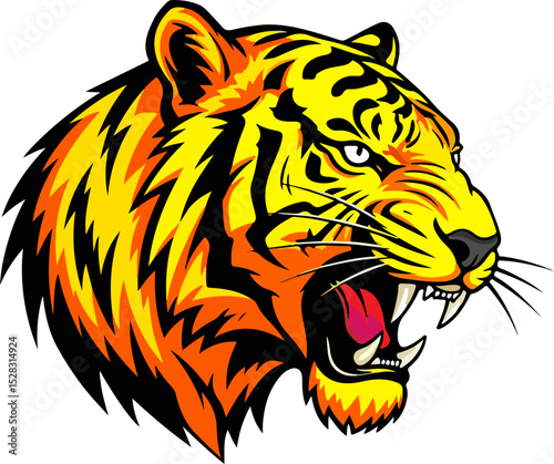 Logo of an angry tiger with its head looking to the right, logotype of a tiger head in the classic colors of this animal.