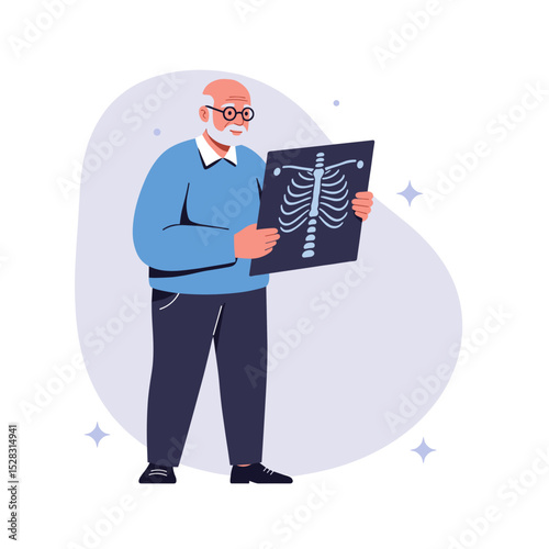 Elderly man holding an X-ray of his ribs with a cheerful expression  