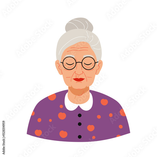 Elderly woman with closed eyes wearing glasses in purple patterned blouse  