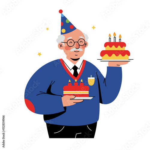 Smiling retiree with cake while wearing festive hat  