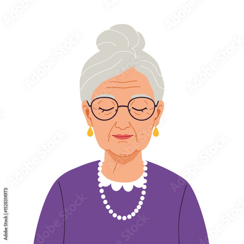 Elderly woman with closed eyes wearing glasses and earrings  