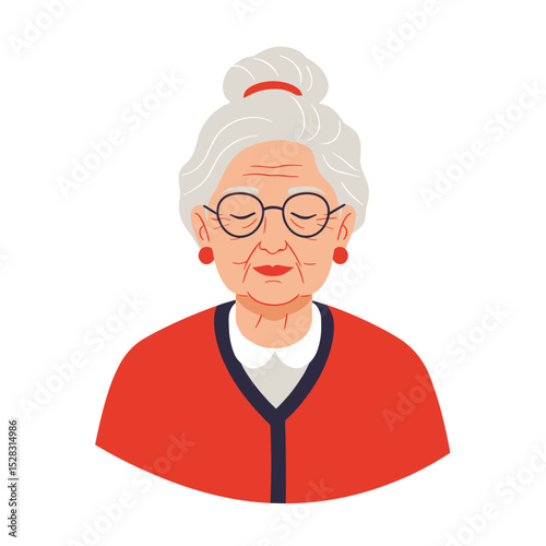 Elderly woman with closed eyes wearing glasses and red sweater  