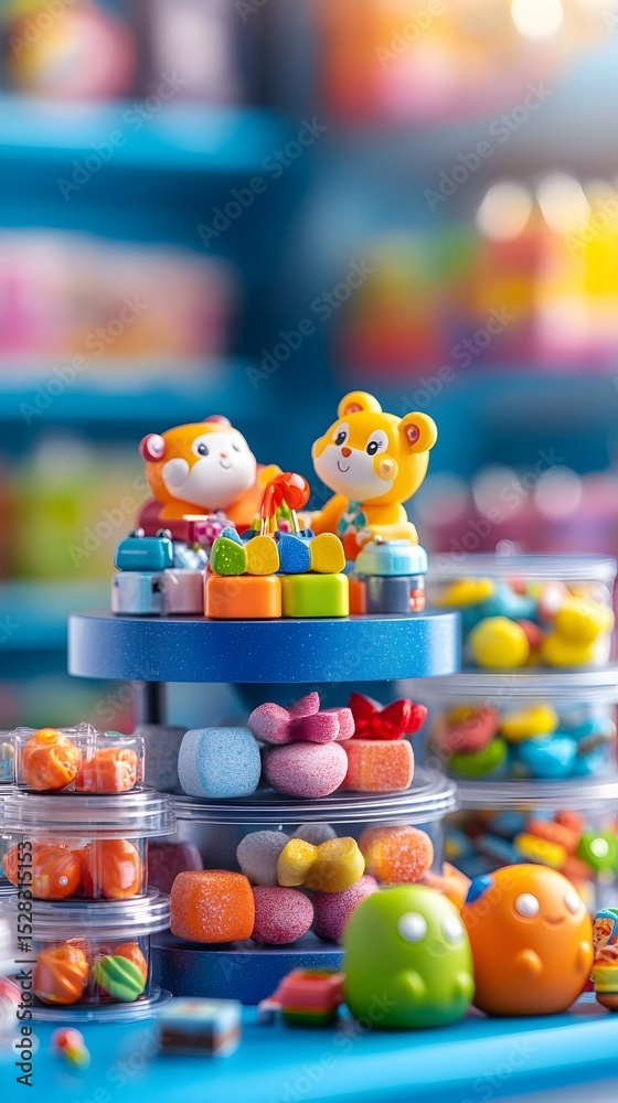 Two cheerful, orange-yellow animal figurines sit atop a multi-tiered display overflowing with colorful, assorted candies and sweets in clear containers on a bright blue surface. The background Two cheerful, orange-yellow animal figurines sit atop a multi-tiered display overflowing with colorful, assorted candies and sweets in clear containers on a bright blue surface. The background