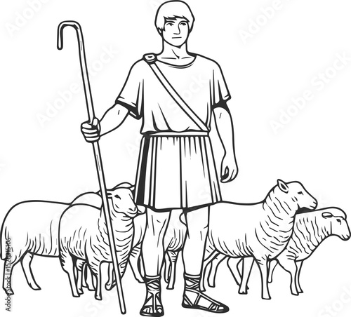 Young shepherd with a staff and sheep behind him, black line icon.