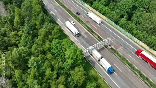 Truck toll - gantry and traffic on German highway. Aerial view
