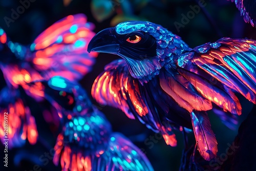 lights birds with reflective feathers glowing under neon