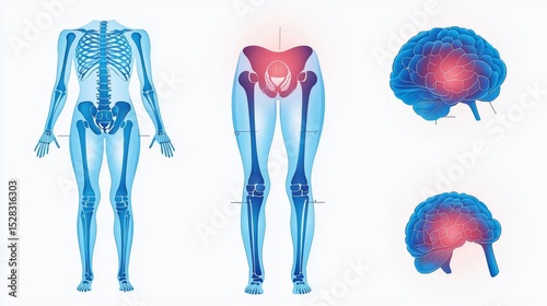 Illustration of human anatomy showing bones, joints, and brain for educational purposes in medical fields. photo