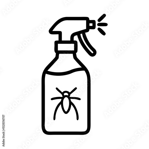 Insect repellent spray bottle icon in black line style with bug illustration, useful for camping and outdoor protection