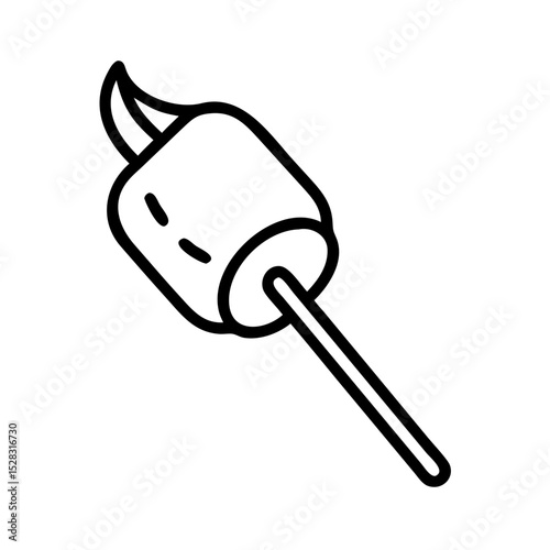 Roasted marshmallow on stick line icon, black minimalist graphic for camping guides, food menus, and outdoor activity promotions
