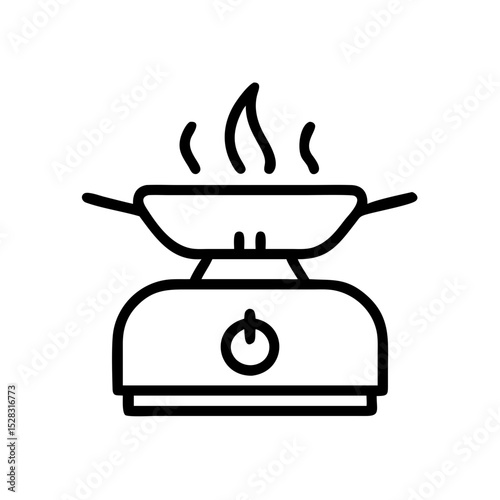 Camping stove icon with pot and steam in line style, black minimalist vector on transparent background for outdoor cooking themes