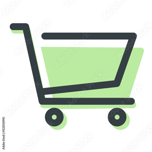 Illustration of a shopping cart with green fill and dark outline on a white background view