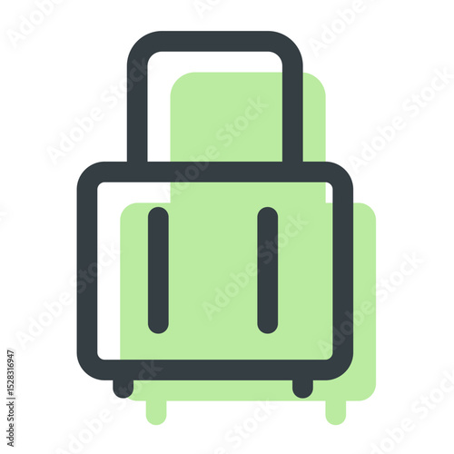 Illustration of a lime green and black outlined suitcase with a handle and small feet design element