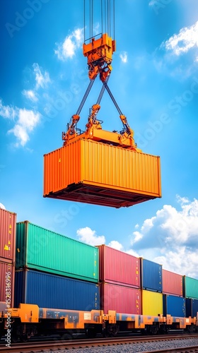A vibrant orange shipping container hangs suspended from a crane against a backdrop of a colorful stack of containers on a rail line under a bright, partly cloudy sky