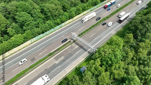 Truck toll - gantry and traffic on German highway. Aerial view