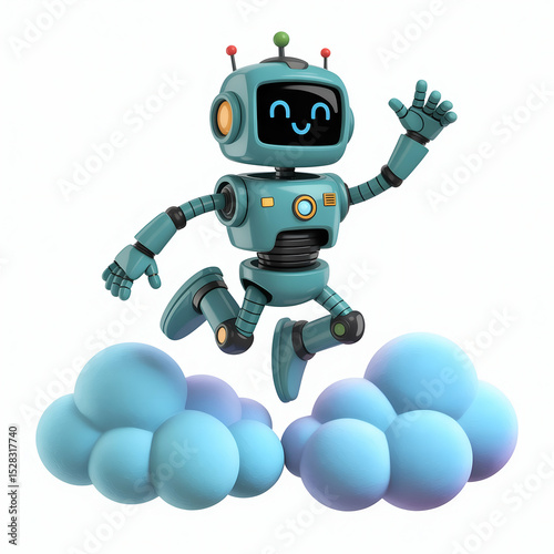 Teal Cartoon Robot Jumping Over Light Blue Clouds image