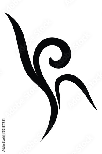 Minimalist black tribal tattoo design with sharp symmetrical swirls on a white background, ideal for body art and graphic use