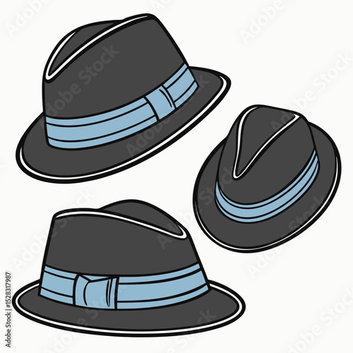 Fedora Hats with Blue Bands – Vector Set	