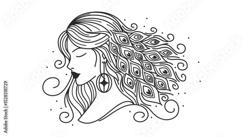 A woman's flowing hair gradually transforming into a peacock feather, feminine beauty