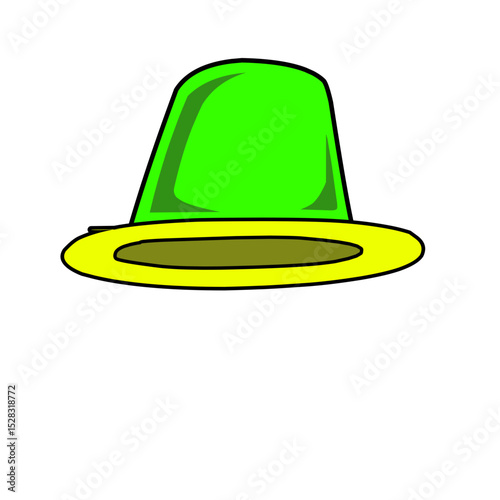 Whimsical luminescent green hat with vibrant yellow brim on black background