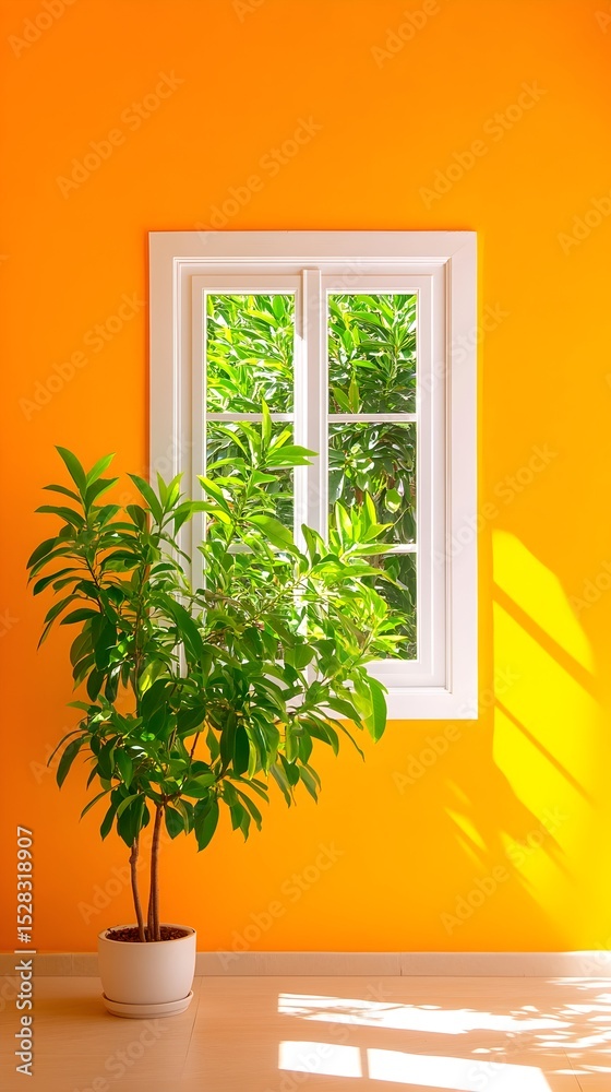 Fototapeta premium Vibrant orange wall features a white-framed window showcasing lush greenery outside, with a potted plant casting shadows in sunlight