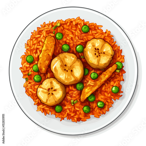 Vector Jollof Rice with Fried Plantains and Peas