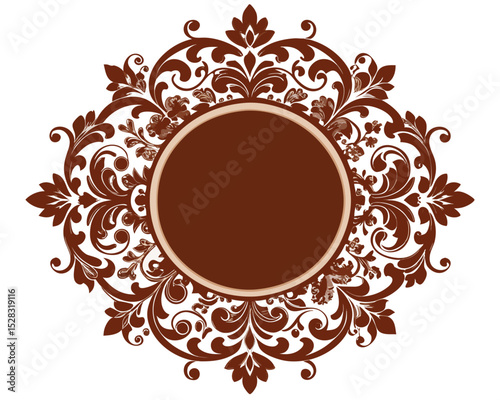 frame, vintage, ornate, floral, brown, design, element, decoration, decorative, border, circle, round, flourish, leaves, swirls, elegant, retro, classic, invitation, wedding, greeting card, label, emb