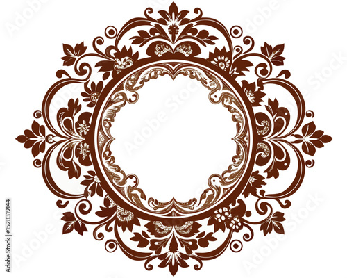 frame, vintage, ornate, floral, brown, design, element, decoration, decorative, border, circle, round, flourish, leaves, swirls, elegant, retro, classic, invitation, wedding, greeting card, label, emb