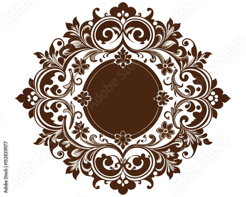 frame, vintage, ornate, floral, brown, design, element, decoration, decorative, border, circle, round, flourish, leaves, swirls, elegant, retro, classic, invitation, wedding, greeting card, label, emb