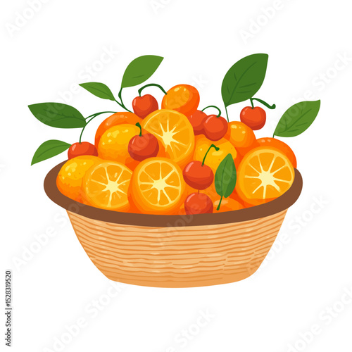 African Cherry Orange Fruit Basket vector 2D flat illustration, isolated on a white background.