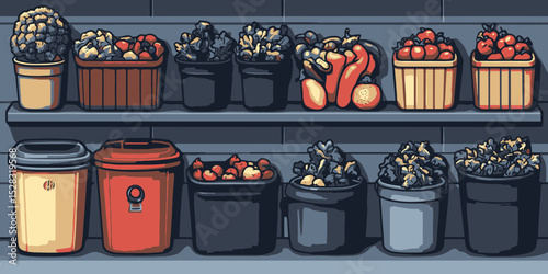 Set of vector composter icons featuring various bins filled with organic waste suitable for eco-friendly practices