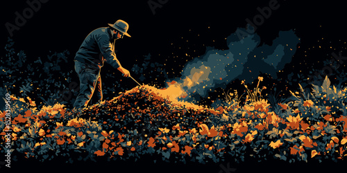 Gardener tending to vibrant flower garden with a shovel at dusk, cultivating soil for growth and beauty
