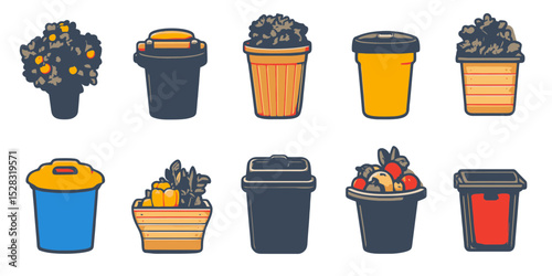 Collection of isolated composter icons in flat vector design showcasing various types for eco-friendly waste management