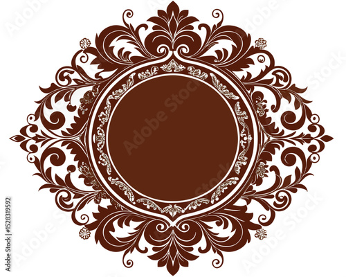 frame, vintage, ornate, floral, brown, design, element, decoration, decorative, border, circle, round, flourish, leaves, swirls, elegant, retro, classic, invitation, wedding, greeting card, label, emb