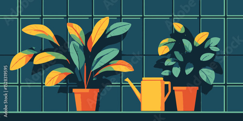 Composting tea applied to indoor plants with watering can on a vibrant countertop in modern kitchen