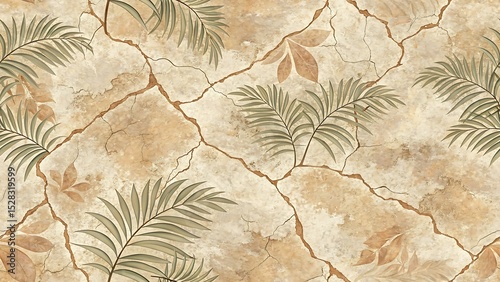 Cracked Earth Texture with Palm Leaves and Botanical Elements Overlay