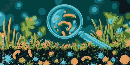 Exploring microscopic life in a colorful underwater ecosystem with a magnifying glass