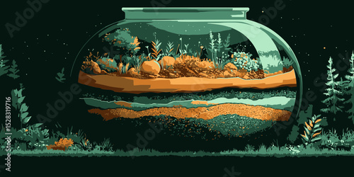 Stylized cross-section view of compost with colorful layers showcasing organic materials and plant life