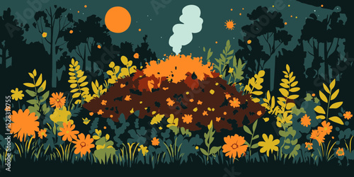 Vibrant educational flat design illustration of nature showcasing a compost heap surrounded by lush flora at dusk