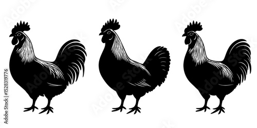 Variations of farm animal shadow silhouettes showcasing distinct rooster forms in black vector design
