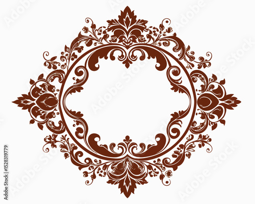 frame, vintage, ornate, floral, brown, design, element, decoration, decorative, border, circle, round, flourish, leaves, swirls, elegant, retro, classic, invitation, wedding, greeting card, label, emb