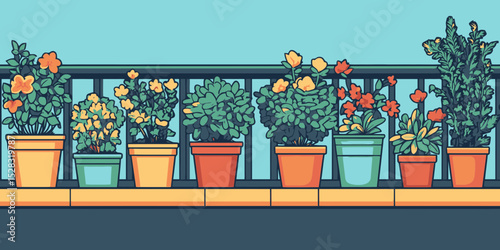 Balcony garden with vibrant potted plants in a flat design style during bright daylight