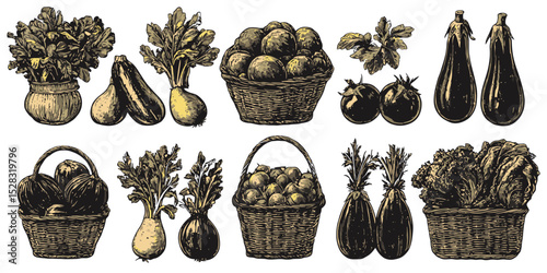 Farm produce container silhouettes showcasing fresh vegetables in a vector design for agricultural themes