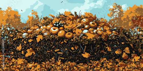 Colorful autumn landscape featuring a compost pile surrounded by fallen leaves and nature’s bounty